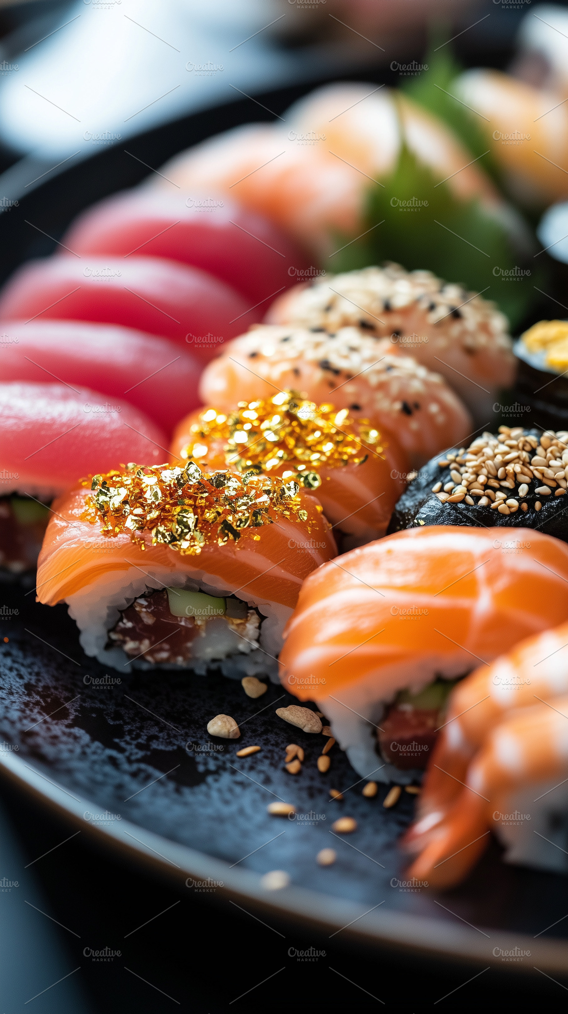 Close up of sushi rolls topped with, a Food & Drink Photo by MistyDay