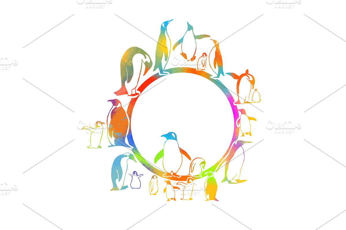 Round frame with colored penguins, an Animal Illustration by Nenahliadava Design