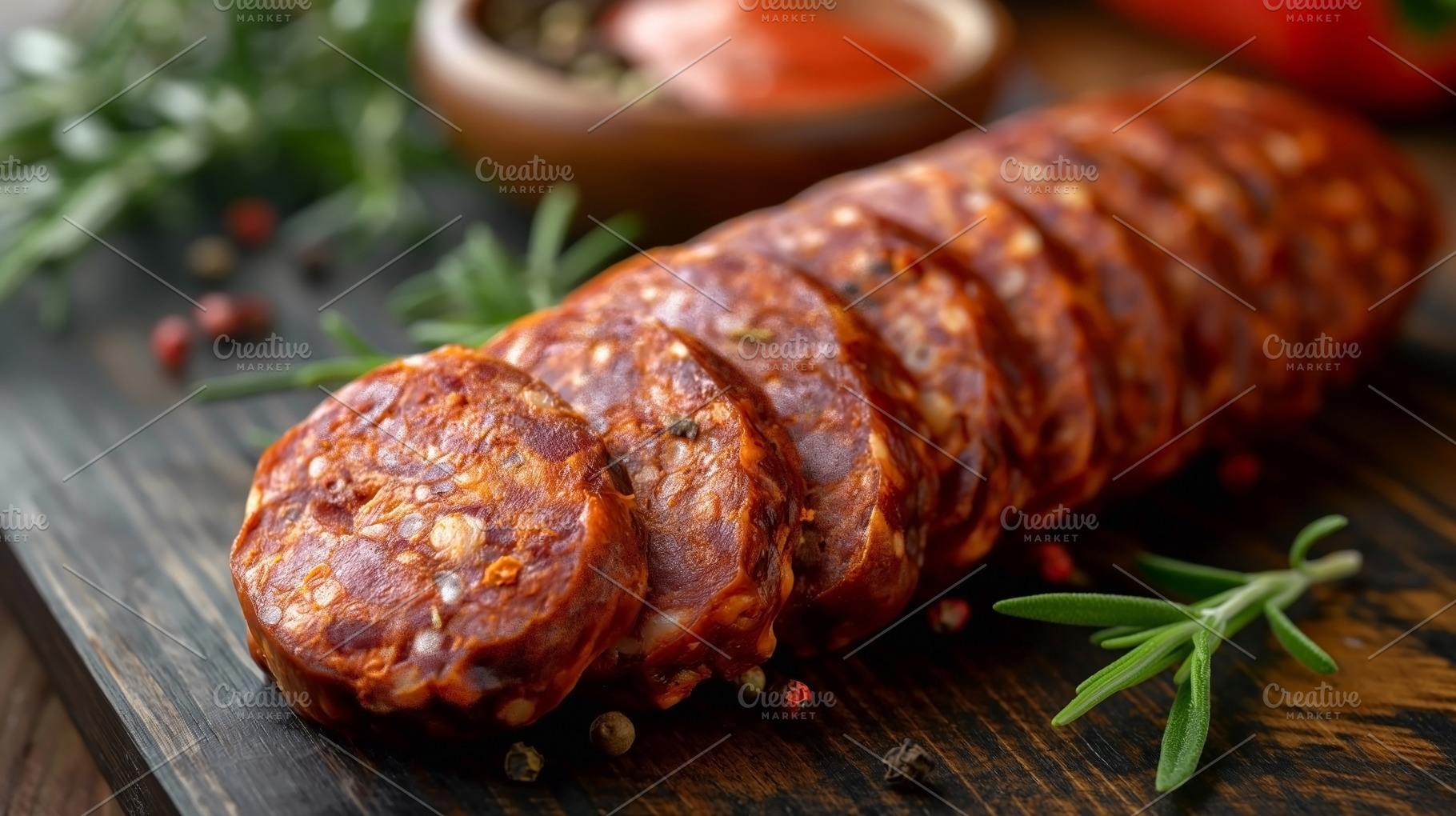 Sliced Spanish chorizo on a rustic wooden board, garnished with, a Food & Drink Photo by ImageMir
