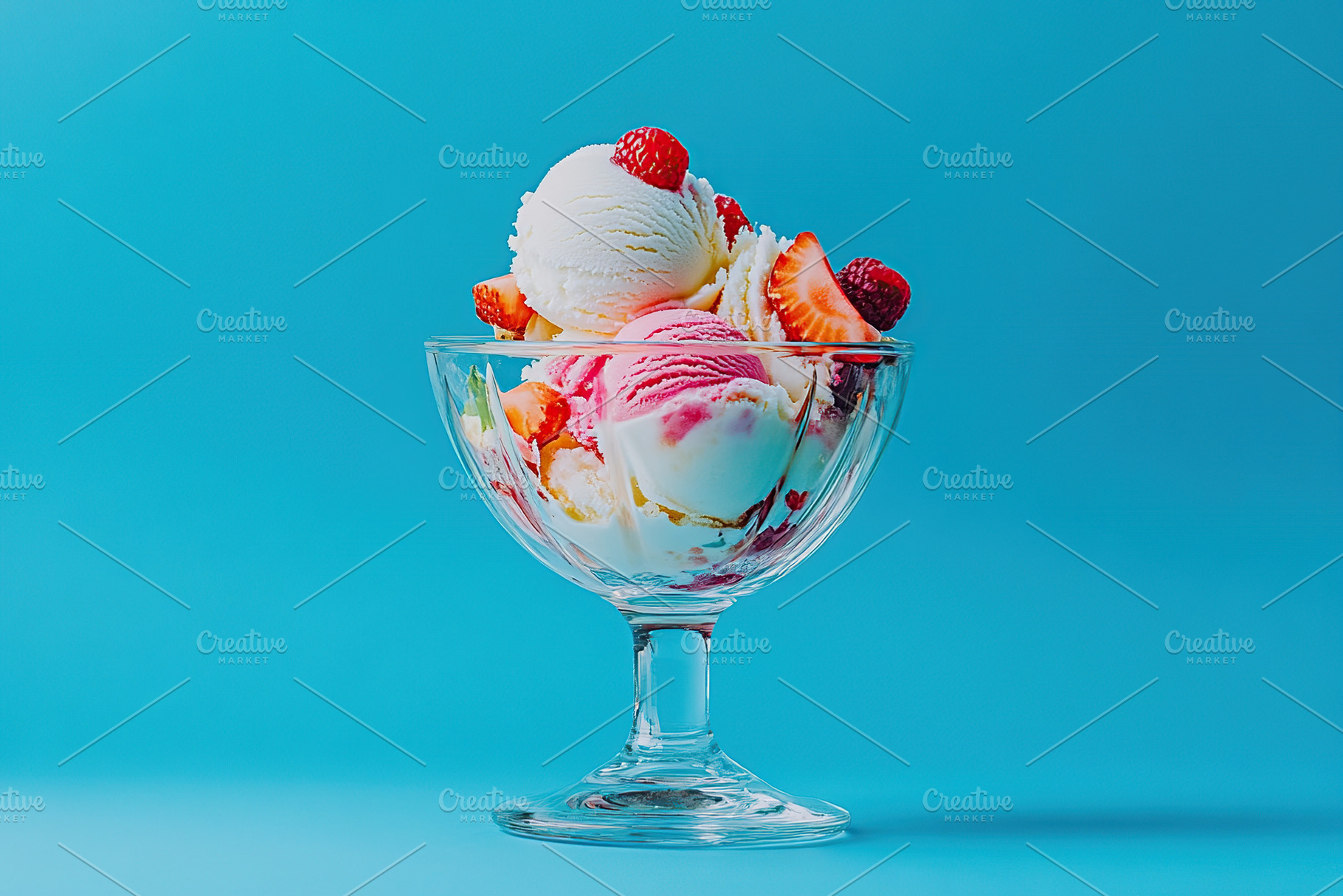 Colorful ice cream sundae with berries and strawberries in cup, a Food & Drink Photo by AlyaAnd