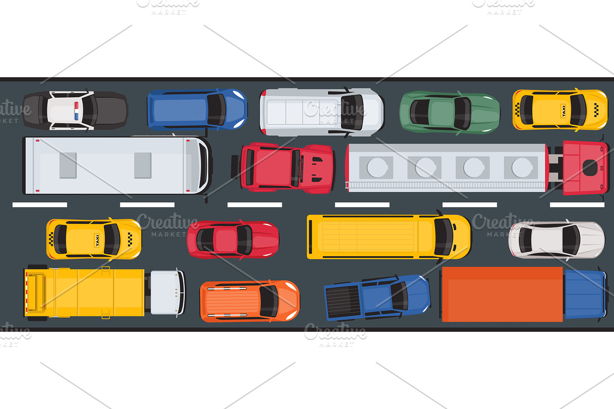 Traffic jam on main road. Trucks and, a Transportation Illustration by Vectorbuum