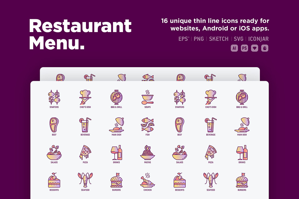 Restaurant Menu | 16 Thin Line Icons, an Outline Icon by Alex Blogoodf (Photo 2 of 12)