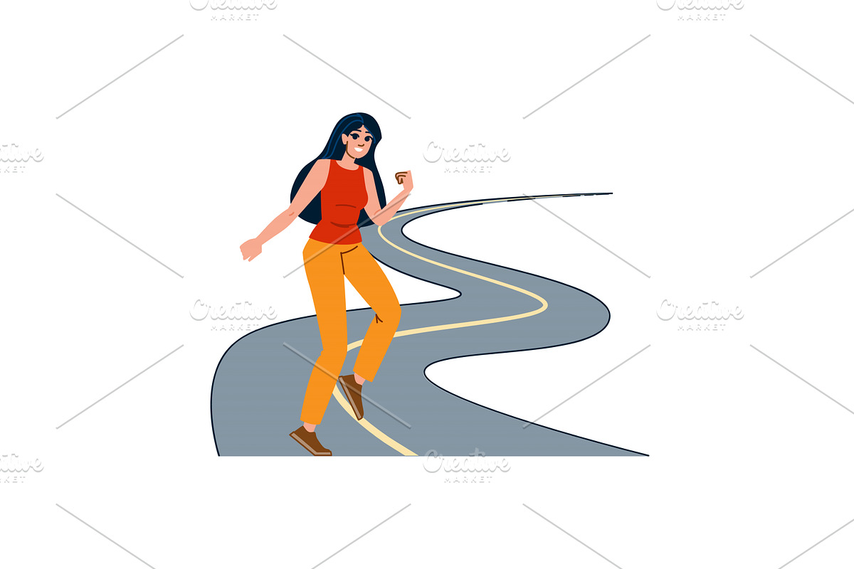 Young woman walking on winding road, an Illustration by pikepicture