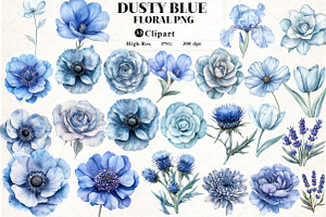 Dusty blue watercolor floral clipart, an Illustration by Watercolor design