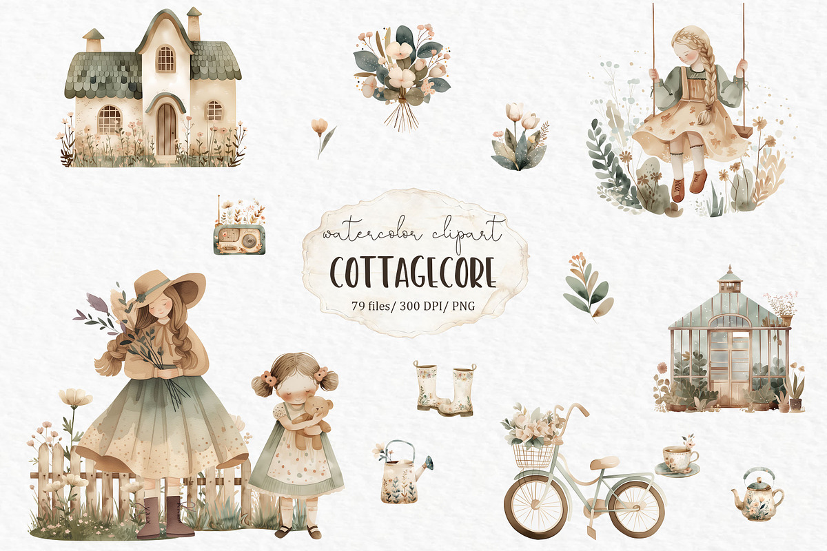 Cottagecore watercolor clipart, a Person Illustration by MyLittleMeow (Photo 1 of 6)