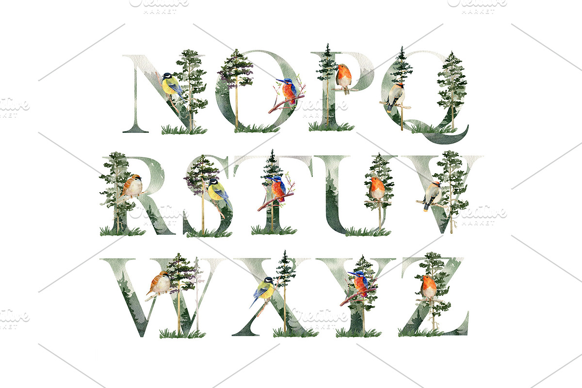 Watercolor forest alphabet., a Decorative Illustration by TaPilipa (Photo 3 of 4)