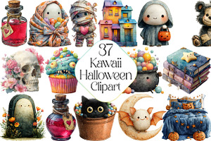 Watercolor Kawaii Halloween Clipart, an Illustration by DreamPrint404