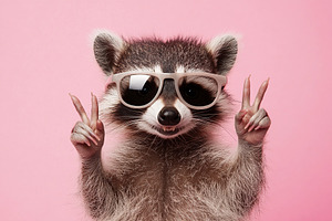 Raccoon in sunglasses gives peace sign with playful expression a, a Photo by AlyaAnd