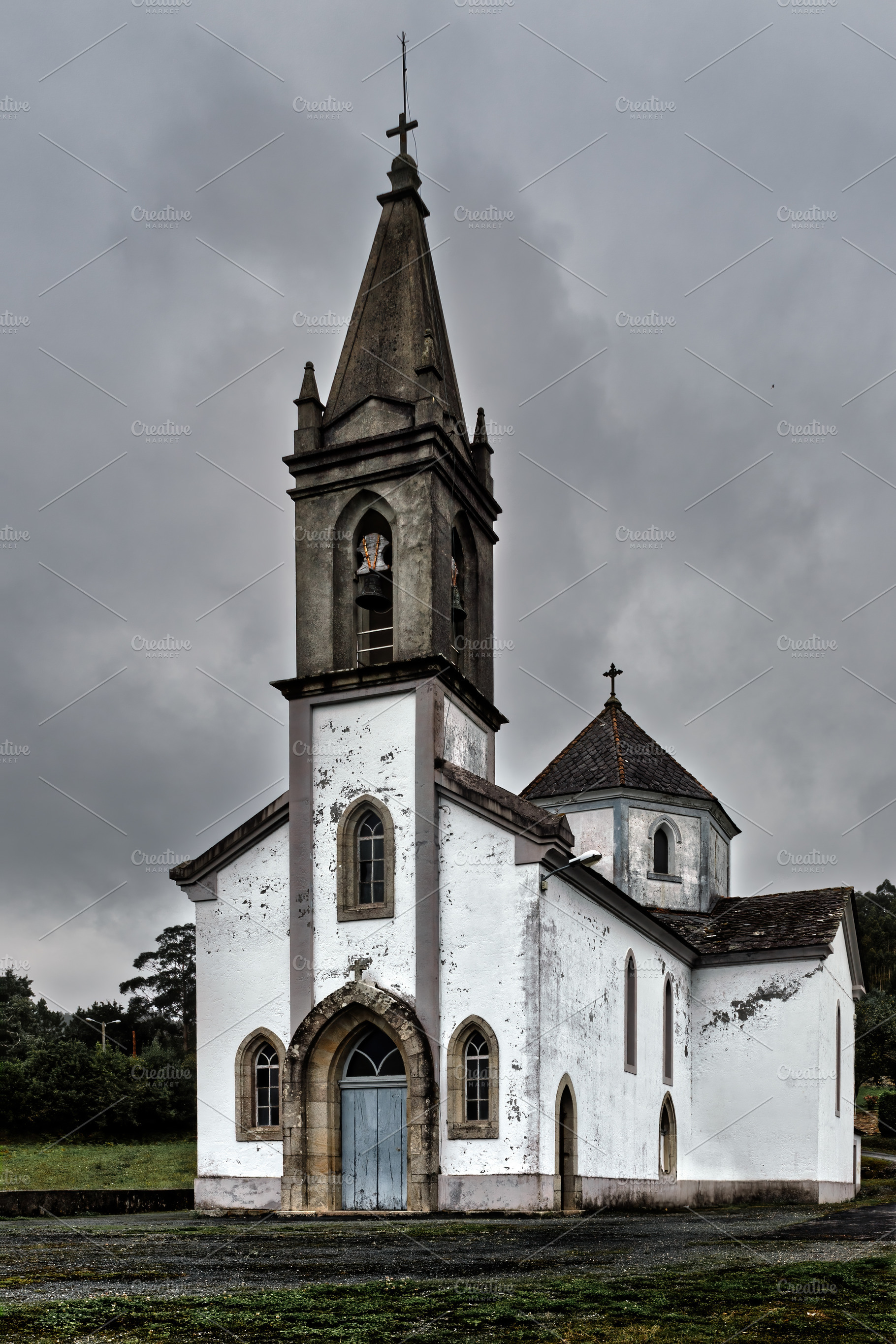 Old church with bell tower on a clou, an Architecture Photo by Perpis