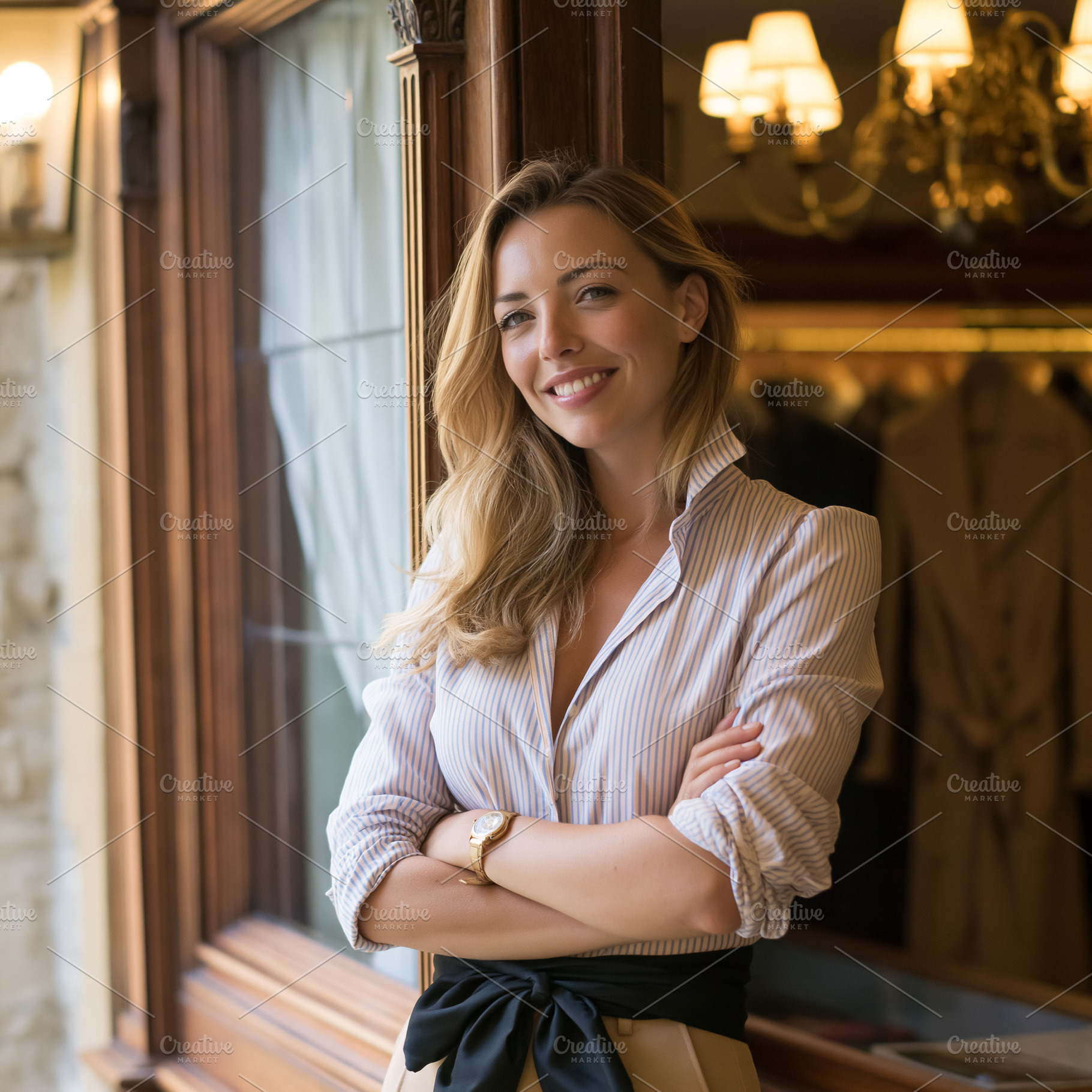 Smiling young woman standing with crossed arms inside boutique,, a Person Photo by Studio ANNA