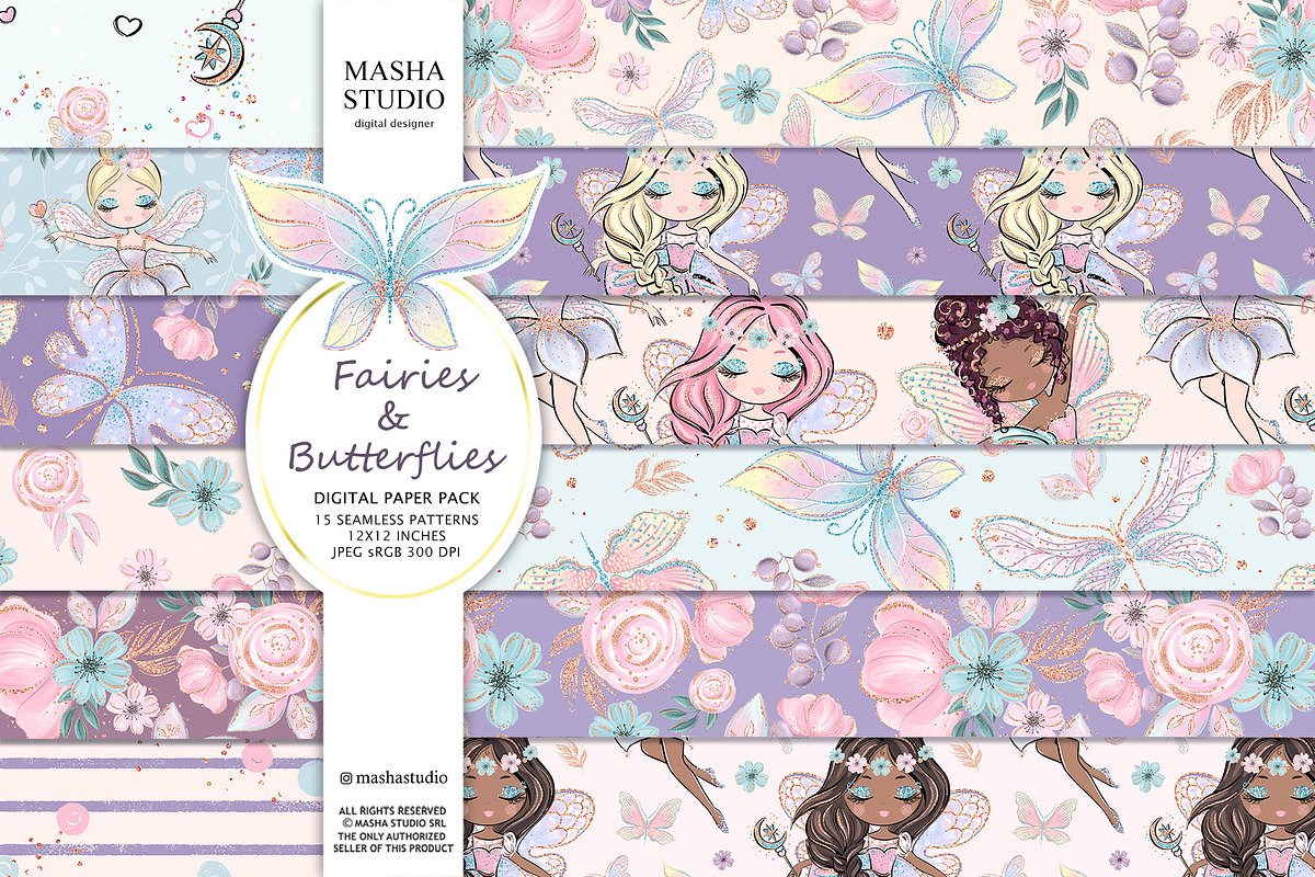 Fairies & Butterflies Digital Papers, a Pattern Graphic by Masha  Studio (Photo 1 of 10)