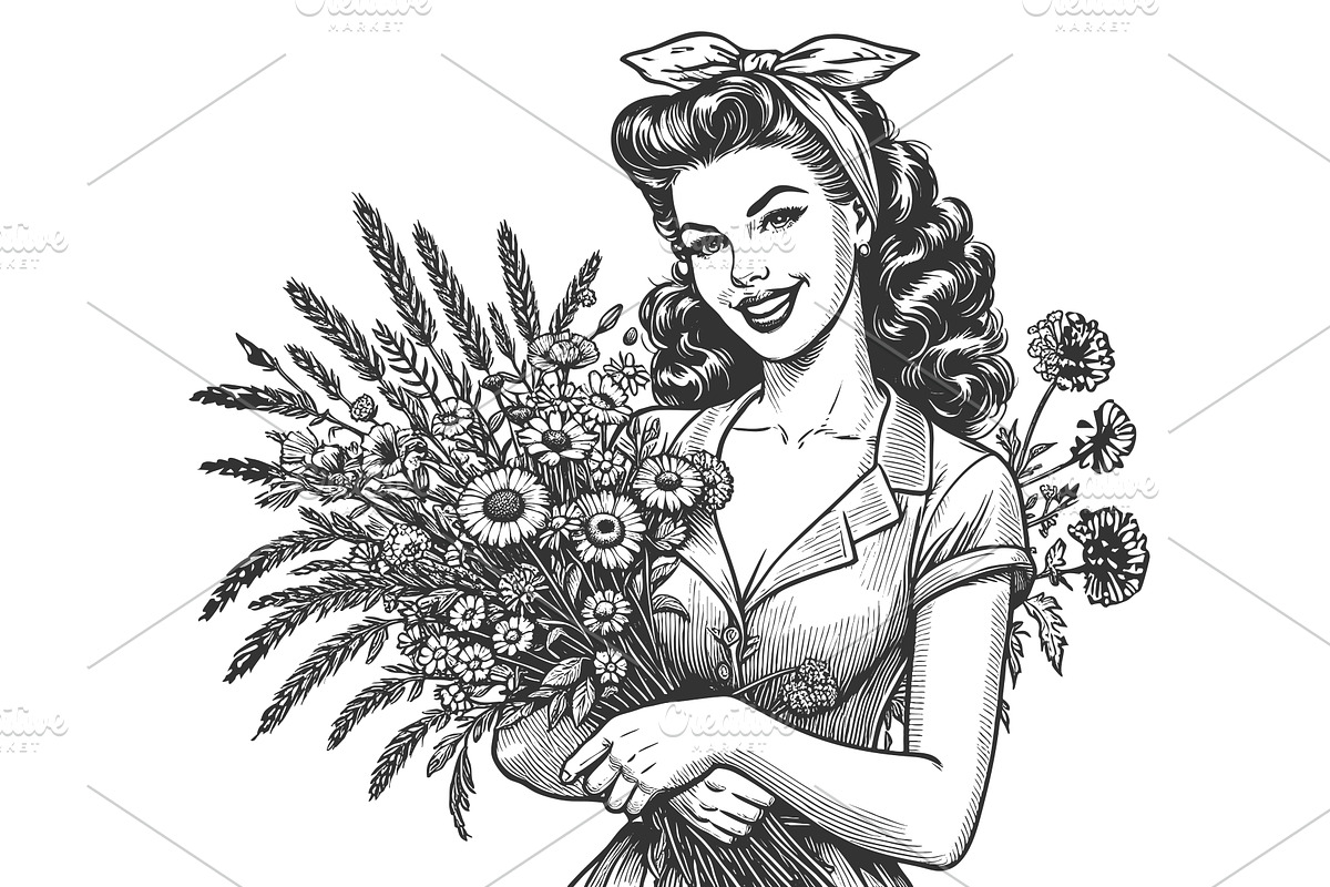 Smiling Retro Woman with Wildflower, a Person Illustration by AlexArt