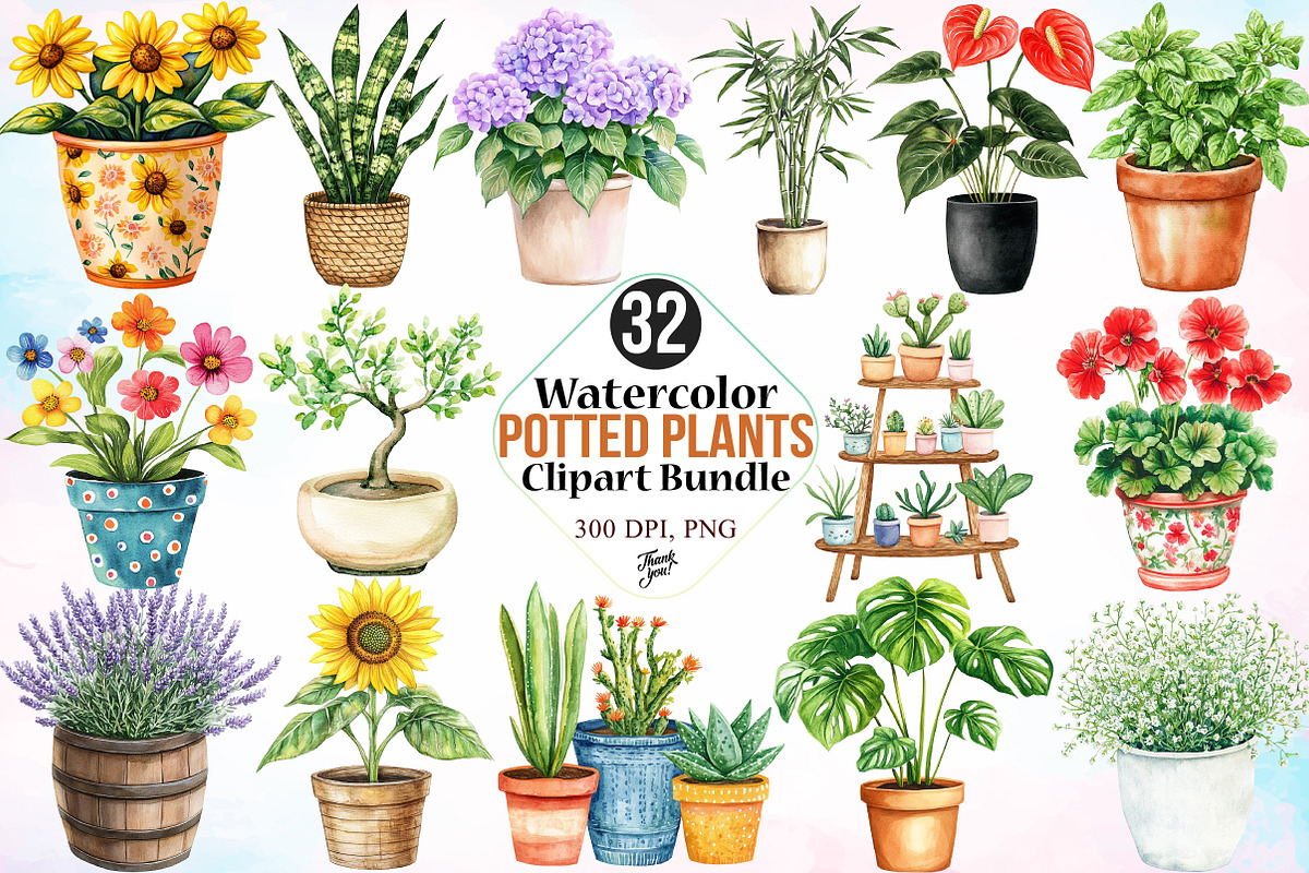 Watercolor Potted Plants Clipart PNG, an Illustration by Canvas Craft (Photo 1 of 3)