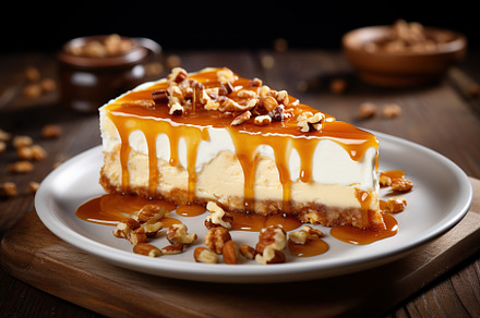 Piece of cheesecake with caramel and nuts on wooden table, a Food & Drink Photo by AlyaAnd