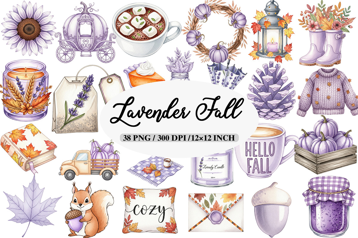 Watercolor Lavender Fall Clipart, an Illustration by Daily.Designs (Photo 1 of 5)