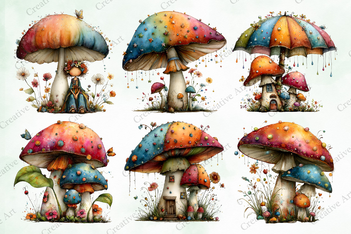 Watercolor Whimsical Mushroom Bundle, an Illustration by Creative Art (Photo 4 of 10)