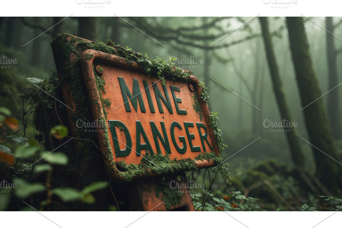 Rusty warning sign in a misty forest, an Illustration by tilialucida