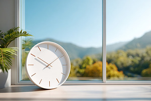Digital clock displayed on a windowsill with mountain view and natural light in, a Photo by AlyaAnd