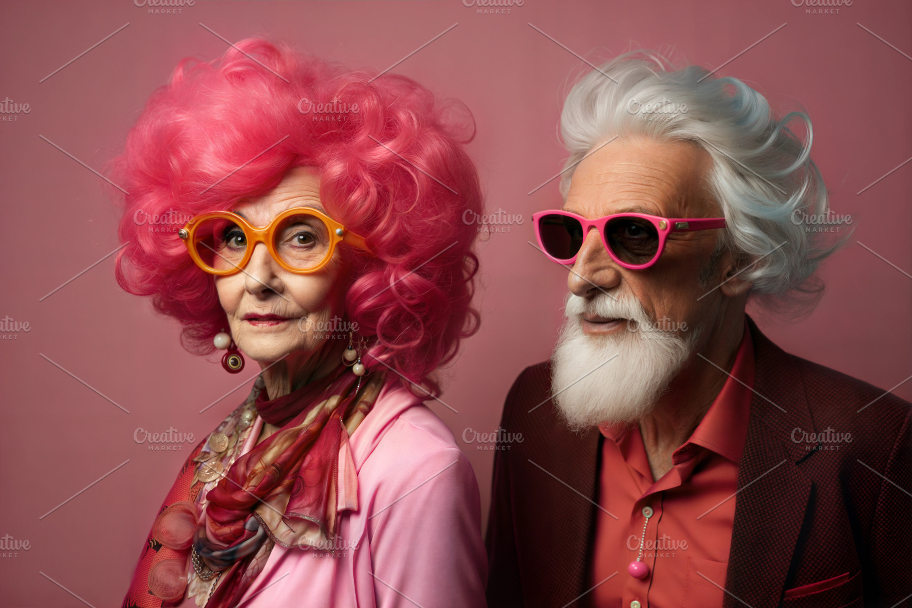 Elderly couple with vibrant hairstyles and colorful glasses on p, a Person Photo by ImageMir