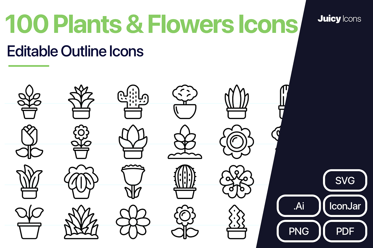 100 Plants & Flowers Line Icons, an Outline Icon by Juicy Icons (Photo 1 of 6)