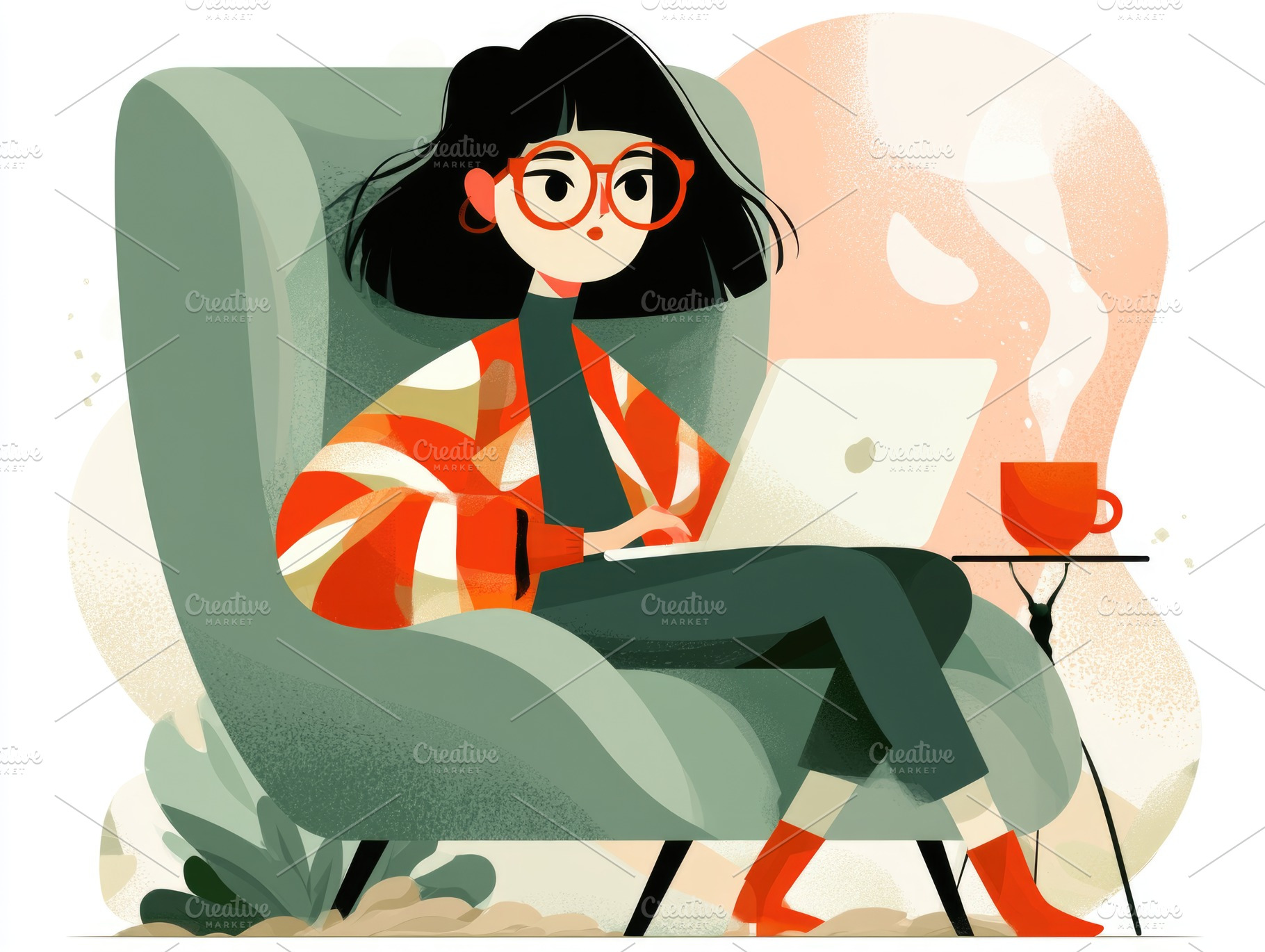 Cozy woman working on laptop in armchair illustration, a Business Photo by José Manuel Gelpi