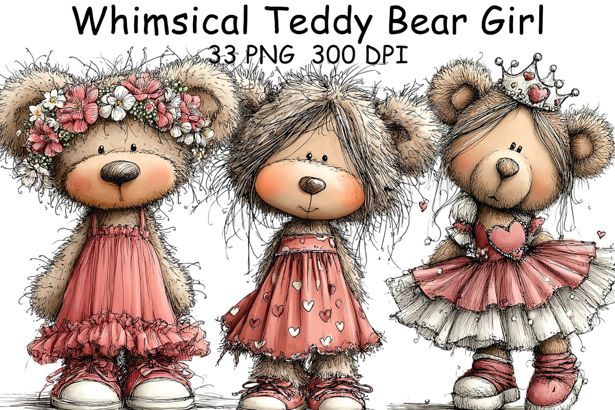 Whimsical Teddy Bear Girl Clipart, an Illustration by CraftArtStudio (Photo 1 of 6)