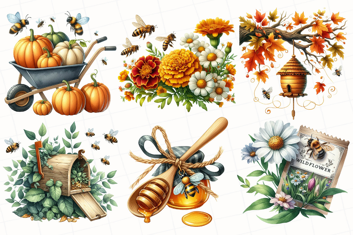 Watercolor Autumn Bee Garden Clipart, an Illustration by OK Design (Photo 3 of 5)