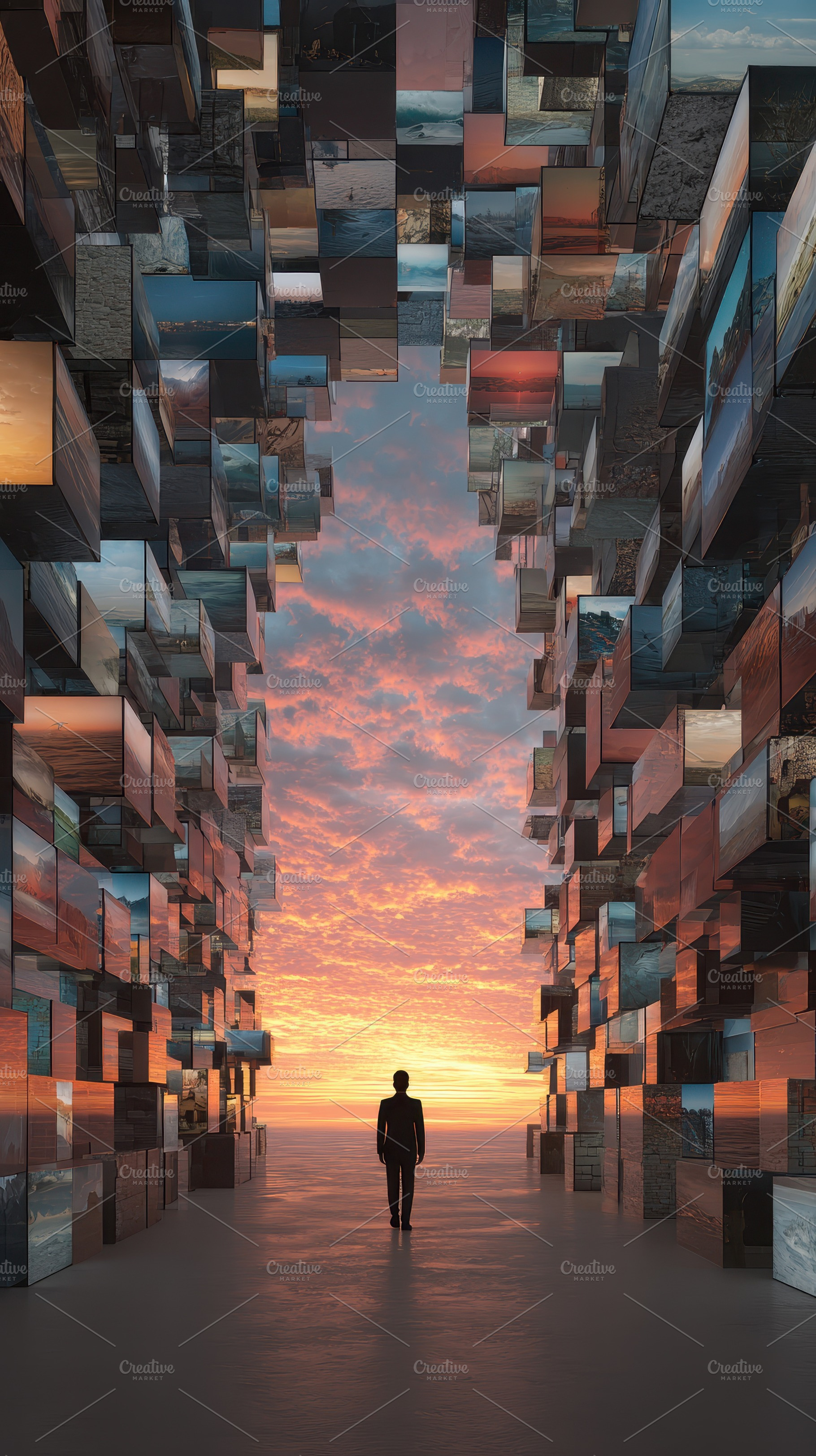 Man walking towards sunset through c, a Photo by Pixeness Studio