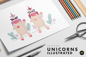 Set Of Twin Unicorns Illustrated