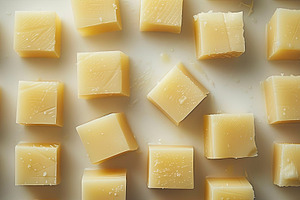 Cheese cubes on a white kitchen surf, a Photo by LOGOCREATIVE