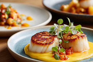 Seared scallops served on a creamy, a Food & Drink Photo by MistyDay