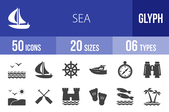50 Sea Glyph Icons preview 4