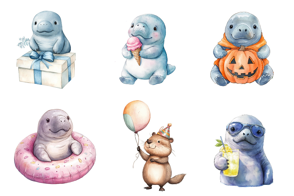 Cute Baby Watercolor Manatees Clipar, an Illustration by CreationArt (Photo 4 of 5)