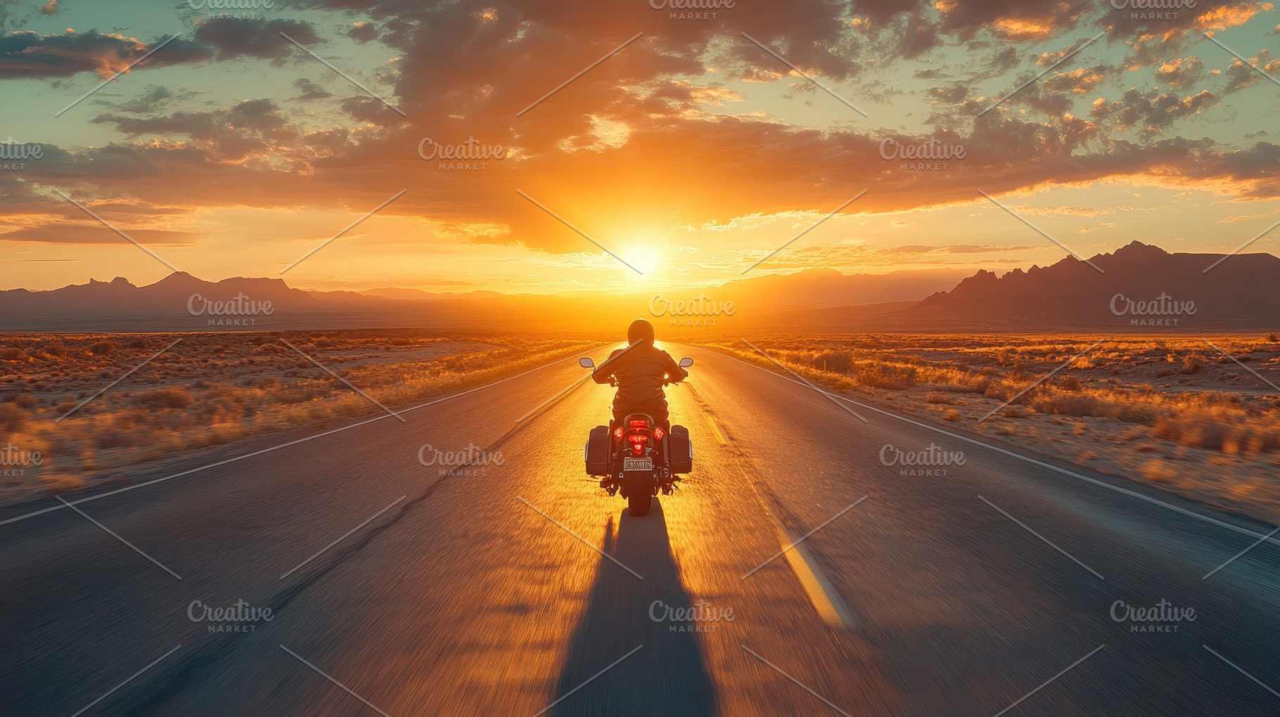 Motorcycle ride at sunset: A rider h, a Photo by Pixeness Studio