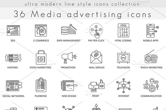 36 Media Advertising Line Icons Set.