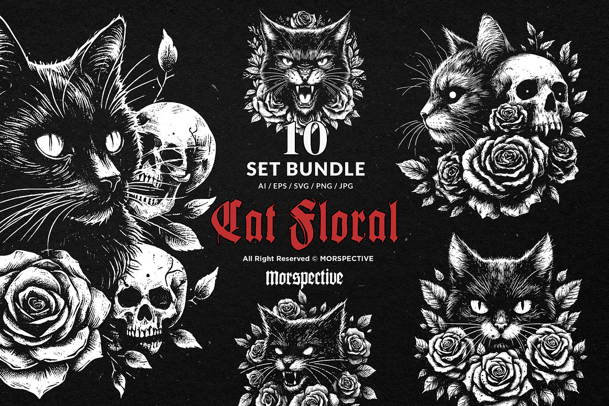 10 Bundle Dark Art Cat Floral Rose, an Illustration by Morspective (Photo 1 of 7)