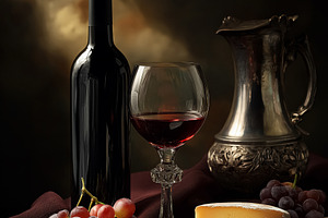 Still life featuring red wine with a glass, various cheeses, and grapes for a r, a Food & Drink Photo by Studio ANNA