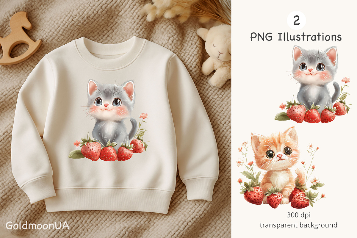 Sweet Meowberry Patterns & Clipart, an Animal Illustration by GoldmoonUA (Photo 3 of 5)