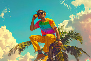 A young man sitting on palm tree using a mobile phone, a Person Photo by DanFLCreativo