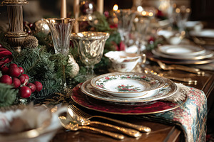 Christmas dinner table adorned with beautiful festive decor, ornate dinnerware,, a Food & Drink Photo by Anneleven