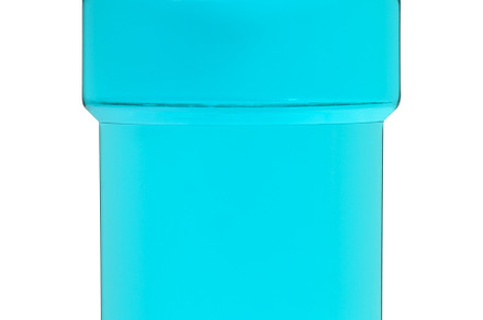A clear plastic bottle with blue mouthwash liquid and a transluc