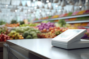 A sleek modern checkout terminal at a grocery store, surrounded by vibrant fres, a Business Photo by ImageMir