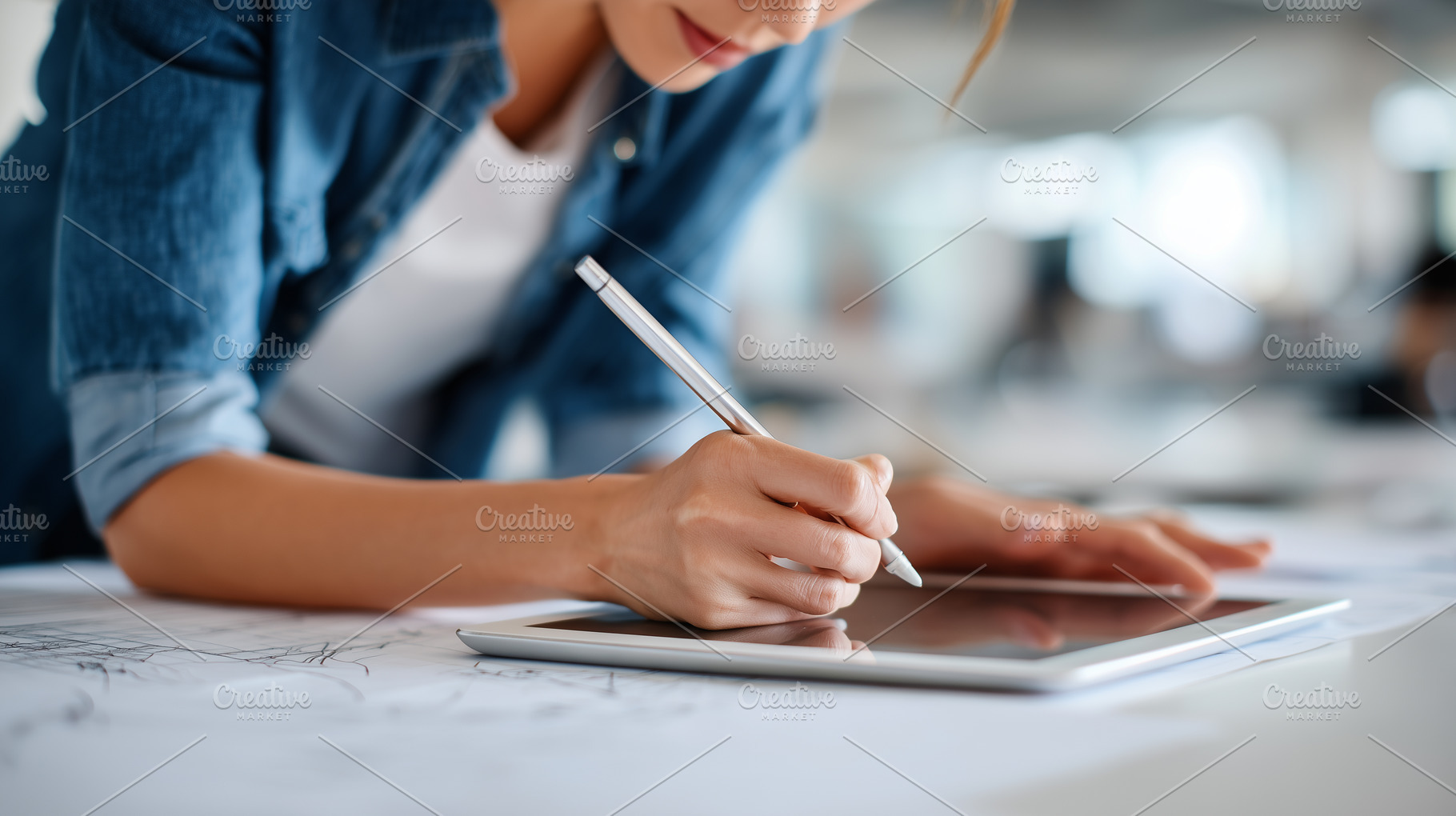 Woman drawing on a tablet while work, a Technology Photo by MistyDay