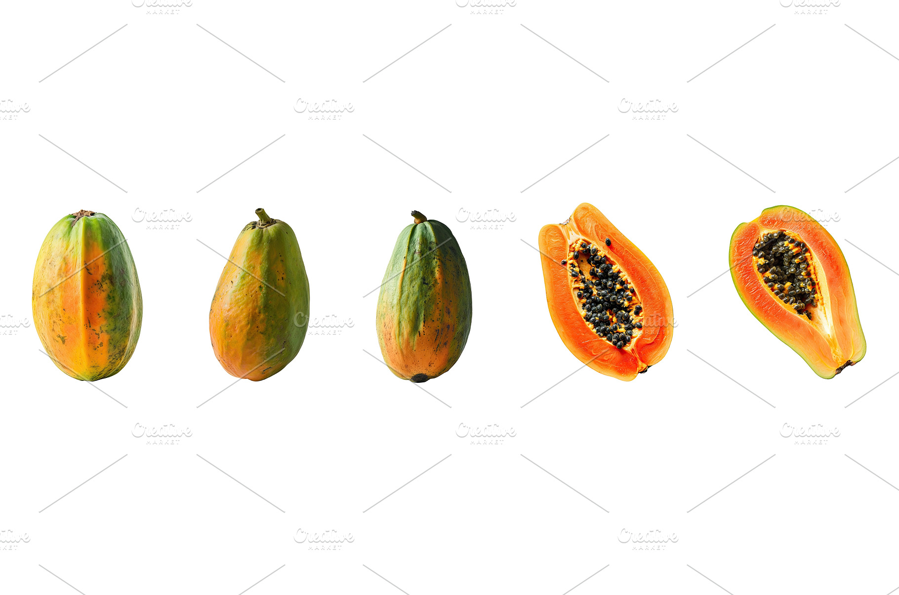 Whole and halved papayas, a Food & Drink Photo by piter.goskov