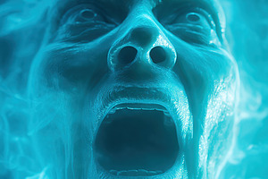 Expression of anguish illuminated by blue light in a dark, misty environment, an Arts & Entertainment Photo by AlyaAnd