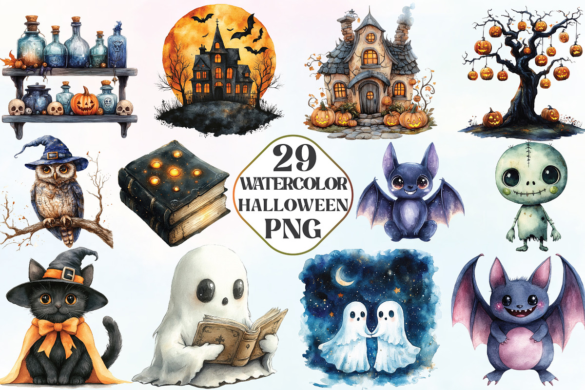 Watercolor Halloween Clipart, an Illustration by CraftArtStudio (Photo 1 of 6)