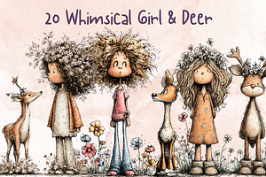 Whimsical Floral Girl & Deer Clipart