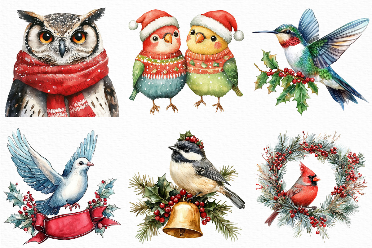 Watercolor Christmas Birds Clipart, an Illustration by Craft Nest (Photo 4 of 6)
