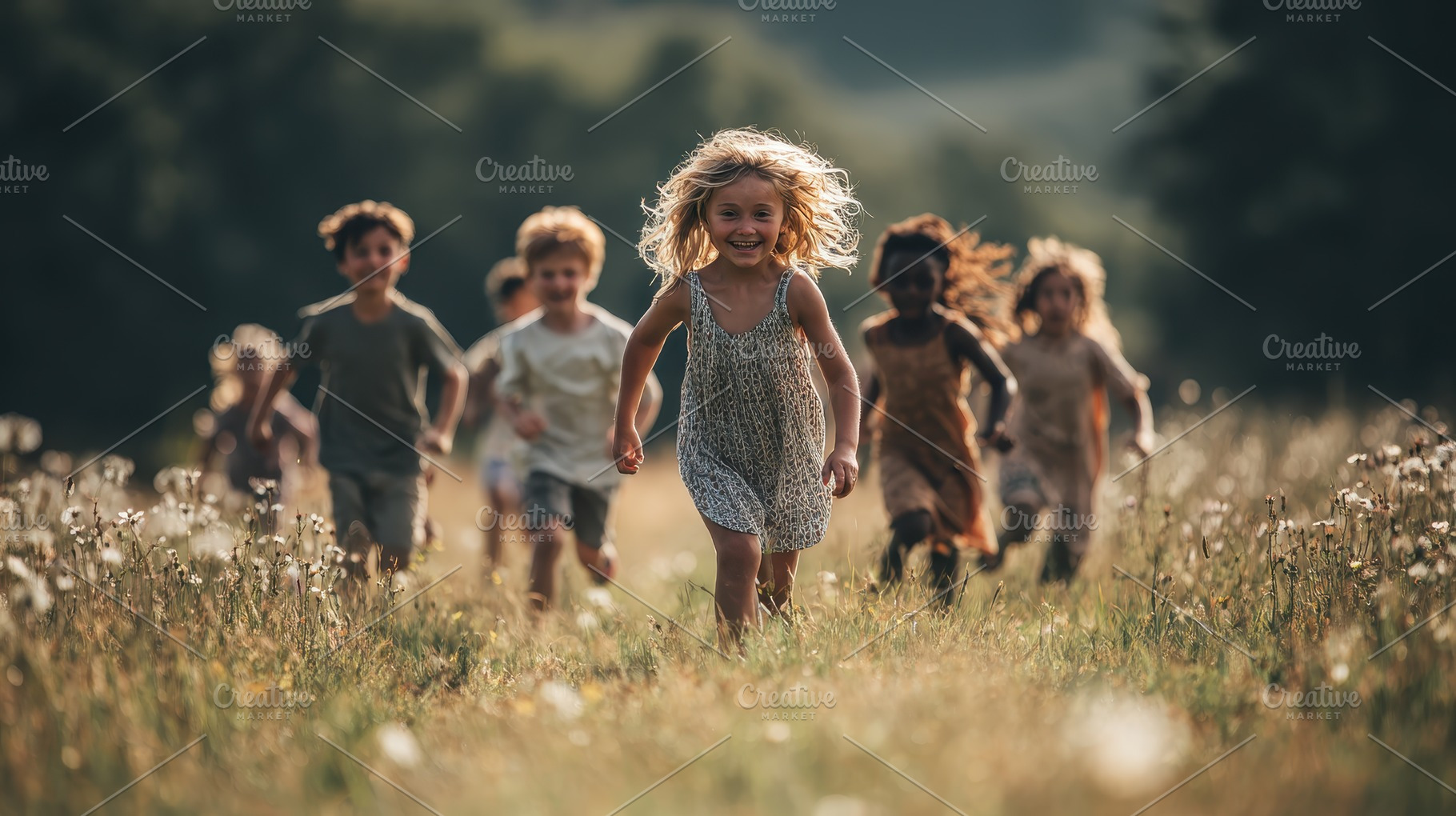 Happy children run through field of, a Photo by Pixeness Studio
