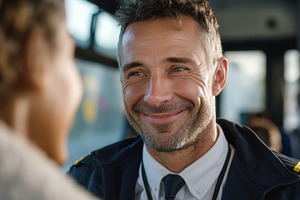 A smiling Caucasian male pilot in uniform shares a warm moment with a passenger, a Person Photo by ImageMir